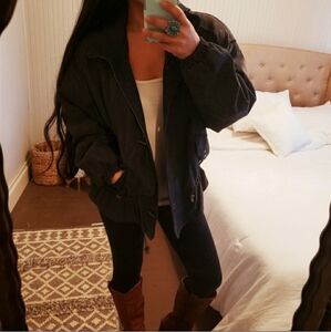 Vintage Adler Suede Leather Bomber Coat Hooded Winter Women's Small Indigo Black